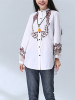 Vintage Women Embroidered Stand Collar Irregular Hem Blouses