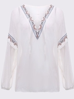 Vintage Women Embroidery Lace Up Patchwork Puff Sleeve Loose Chiffon Blouse
