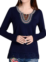 Vintage Women Embroidery Long Sleeve Lace Crochet O-neck Shirts