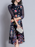 Vintage Women Ethnic Pinthed Half Sleeve Side Split Buttons Dresses