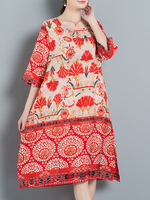 Vintage Women Ethnic Printed Half Sleeve Loose Dresses