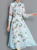 Vintage Women Fake Two Pieces 3/4 Sleeve Printed Dresses
