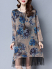 Vintage Women Fake Two Pieces Floral Printed Long Sleeve Dresses