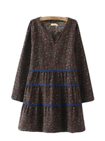 Vintage Women Floral Long Sleeve V-Neck Mini Dress