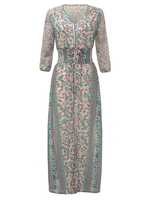 Vintage Women Floral Print V Neck Split Maxi Dress