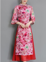 Vintage Women Floral Printed 3/4 Sleeve Fake Two Pieces Dresses