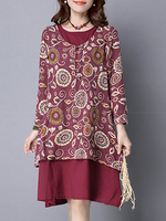 Vintage Women Floral Printed Fake Two Pieces Plate Buckles Dresses