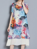 Vintage Women Floral Printed Fake Two Pieces Short Sleeve Dresses