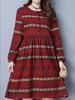 Vintage Women Floral Printed High Waist Long Sleeve Loose Dresses