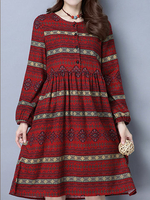 Vintage Women Floral Printed High Waist Long Sleeve Loose Dresses