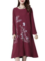 Vintage Women Floral Printed Long Sleeve Cotton Loose Dresses