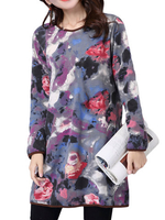 Vintage Women Floral Printed Long Sleeve O Neck Mini Dress