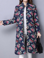 Vintage Women Floral Printed Long Sleeve Stand Collar Trench Coats