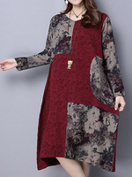 Vintage Women Floral Printed Patchwork Long Sleeve Poceket Cotton Dresses