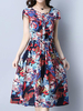 Vintage Women Floral Printed Short Sleeve Elastic Waist Dresses