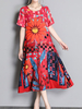 Vintage Women Floral Printed Short Sleeve Loose Mid-Long Dresses