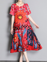 Vintage Women Floral Printed Short Sleeve Loose Mid-Long Dresses