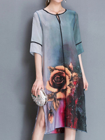 Vintage Women Floral Printed Side Split Half Sleeve O-neck Dresses