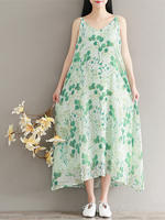 Vintage Women Floral Printed Spaghetti Strap V-neck Maxi Dresses