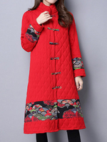 Vintage Women Floral Printed Stand Collar Plate Buckle Thicken Coats