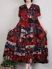 Vintage Women Floral Printed V-neck Loose Maxi Dresses