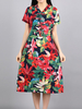 Vintage Women Floral Printed V-Neck Plate Buckles Mid-Long Dresses