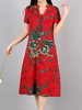 Vintage Women Floral Printed V-Neck Short Sleeve Mid-Long Dresses