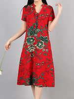 Vintage Women Floral Printed V-Neck Short Sleeve Mid-Long Dresses