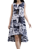 Vintage Women Floral Sleeveless High Low Cotton Linen Dress