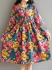 Vintage Women High Waist Floral Printed Long Sleeve Dresses