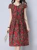 Vintage Women High Waist Floral Printed Short Sleeve Dresses