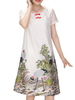 Vintage Women Ink Printed Short Sleeve Plate Buckle Dresses