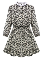 Vintage Women Lace Trim Floral Belt Slim Long Sleeve Dress