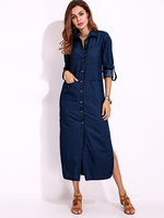 Vintage Women Long Sleeve Buttons Side Split Denim Maxi Shirt Dresses