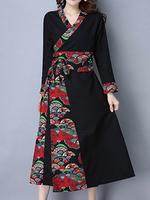 Vintage Women Long Sleeve Han Elements Print Dresses