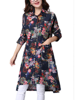Vintage Women Long Sleeve Lapel Floral Printed Loose Long Blouse