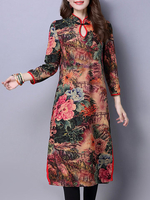 Vintage Women Long Sleeve Loose Cheongsam Print Dresses