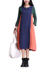 Vintage Women Long Sleeve O Neck Pocket Color Block Dress
