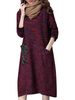 Vintage Women Long Sleeve Patchwork Pocket Loose Knit Sweater Dresses