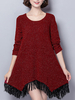 Vintage Women Long Sleeve Shiner Tassels Pure Color Mini Dresses