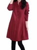 Vintage Women Long Sleeve Stand Collar Pure Color Button Pocket Dress