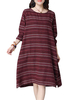 Vintage Women Long Sleeve Stripe O Neck Cotton Loose Dresses