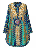 Vintage Women Long Sleeve V Neck Floral Printed National Dress