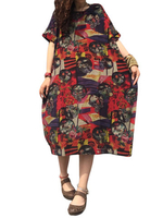 Vintage Women Loose Floral Printed Pocket Cotton Linen Dress