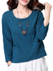 Vintage Women Loose Solid Linen Long Sleeve Pocket T-Shirt