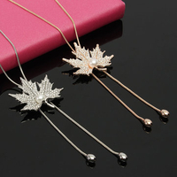 Vintage Women Necklace Alloy Rhinestone Pearl Maple Leaf Tassel Necklace