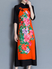 Vintage Women Patchwork Embroidered 3/4 Sleeve Maxi Dresses