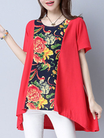 Vintage Women Patchwork Irregular Hem Short Sleeve Loose T-shirts