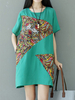 Vintage Women Patchwork Pocket Short Sleeve Dresses