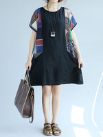 Vintage Women Patchwork Short Sleeve Big Pocket Dresses